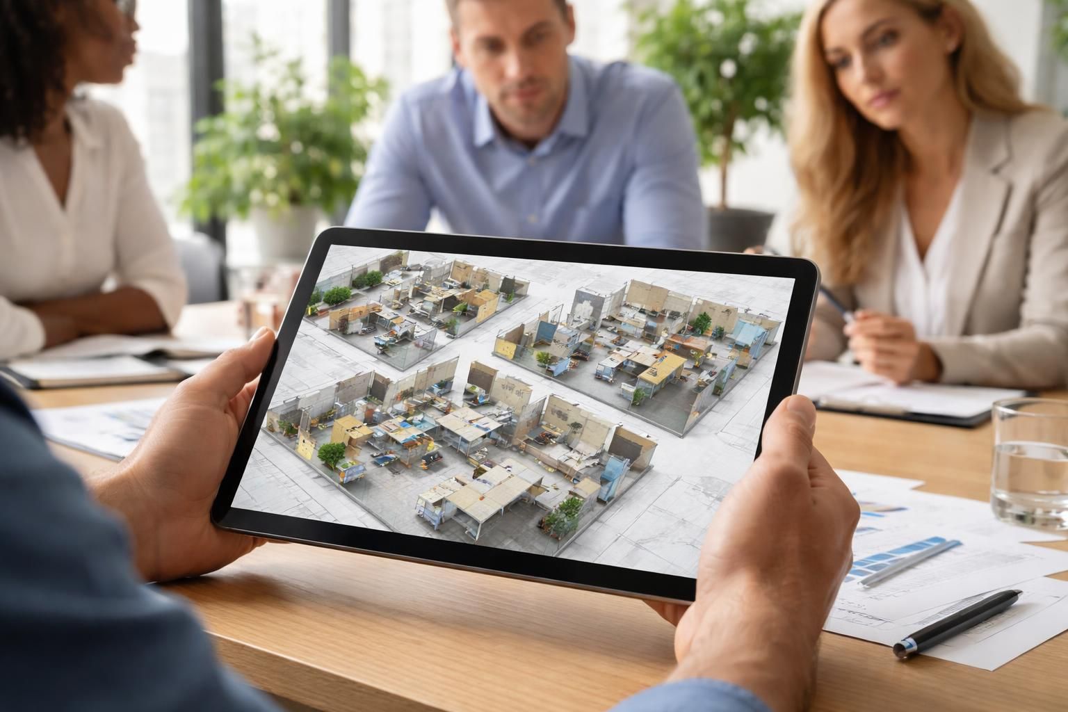 découvrez des scénarios d'aménagement de bureaux innovants présentés sur tablette samsung lors de vos rendez-vous, pour une expérience interactive et personnalisée.