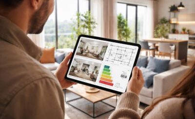 lors d'une visite d'appartement, la tablette samsung facilite la présentation en affichant photos, plans et diagnostics de performance énergétique (dpe) pour une expérience interactive et complète.