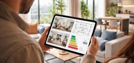 lors d'une visite d'appartement, la tablette samsung facilite la présentation en affichant photos, plans et diagnostics de performance énergétique (dpe) pour une expérience interactive et complète.