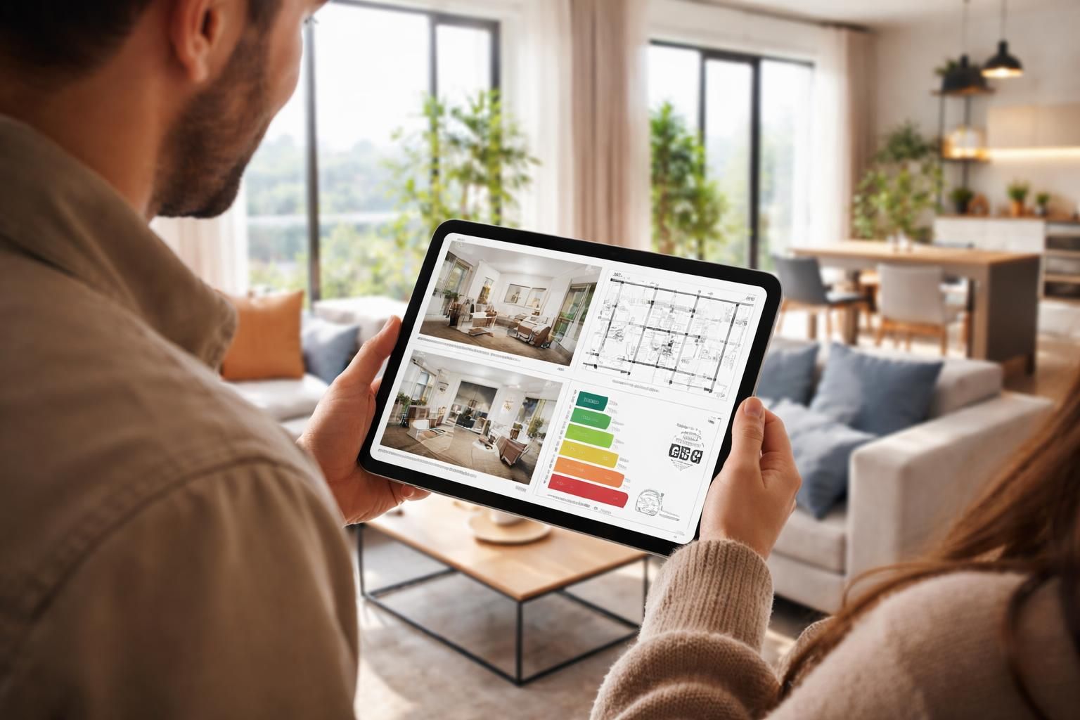 lors d'une visite d'appartement, la tablette samsung facilite la présentation en affichant photos, plans et diagnostics de performance énergétique (dpe) pour une expérience interactive et complète.