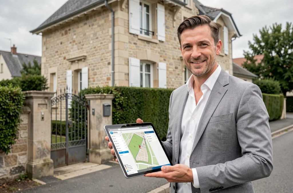 Agent immobilier consultant l'application ERRIAL géorisque sur tablette devant une maison à vendre