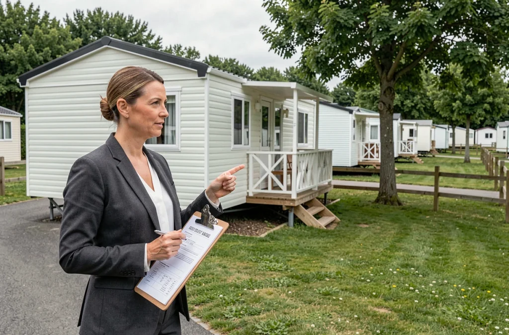 Agent immobilier expliquant la réglementation loi ALUR devant un mobil-home en parc résidentiel