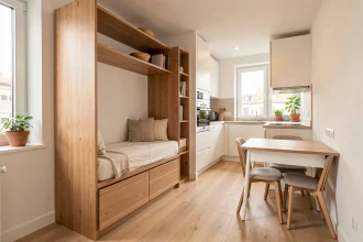 Aménagement optimisé d'un studio compact avec lit escamotable et rangements intégrés en bois naturel