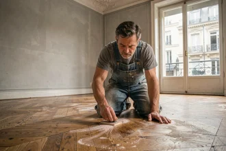 Artisan en train de poncer à la main un vieux parquet en chêne dans un appartement haussmannien, renovation parquet ancien