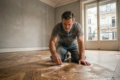 Artisan en train de poncer à la main un vieux parquet en chêne dans un appartement haussmannien, renovation parquet ancien