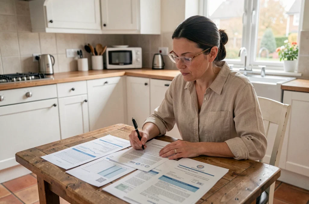 Femme étudiant des documents fiscaux liés aux avantages des travaux de rénovation énergétique à domicile