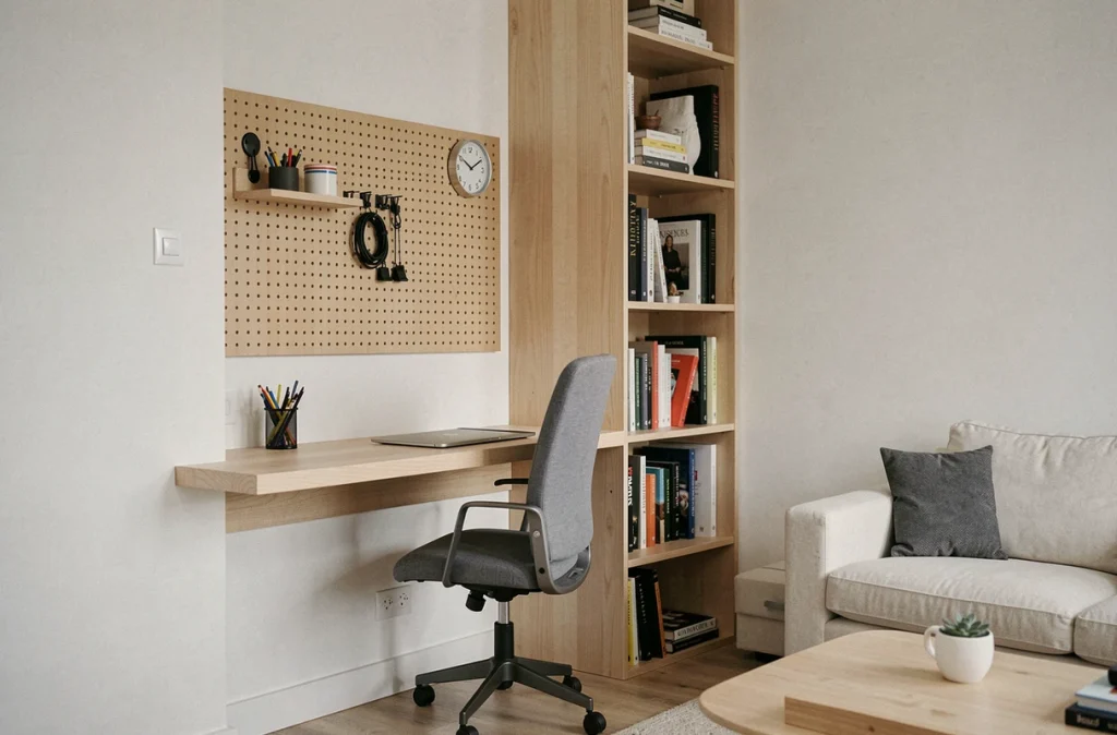 Coin bureau compact intégré dans un salon avec rangements verticaux et bureau flottant en bois clair