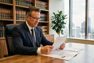 Conseiller financier examinant des documents de placement immobilier SCPI dans un bureau professionnel