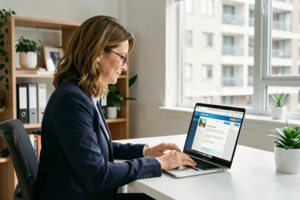Copropriétaire connectée consultant son espace client Foncia sur ordinateur portable dans un bureau à domicile moderne