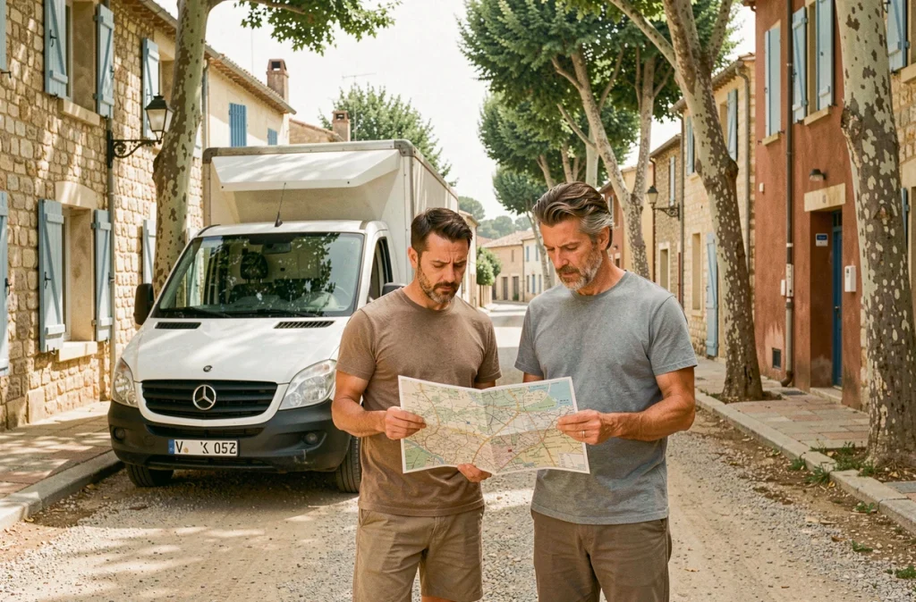 Couple consultant une carte routière devant un camion de déménagement dans une rue ensoleillée du sud de la France, entouré d'architecture provençale