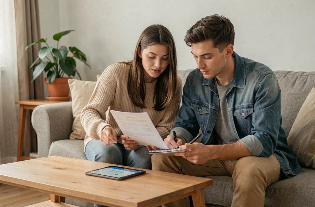 Couple examinant ensemble des documents d'éligibilité aux aides au logement sur une tablette après un changement de situation familiale