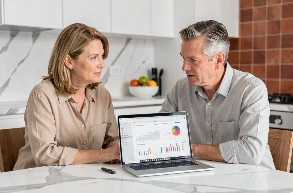 Couple discutant d'un investissement SCPI pour la défiscalisation immobilière à domicile