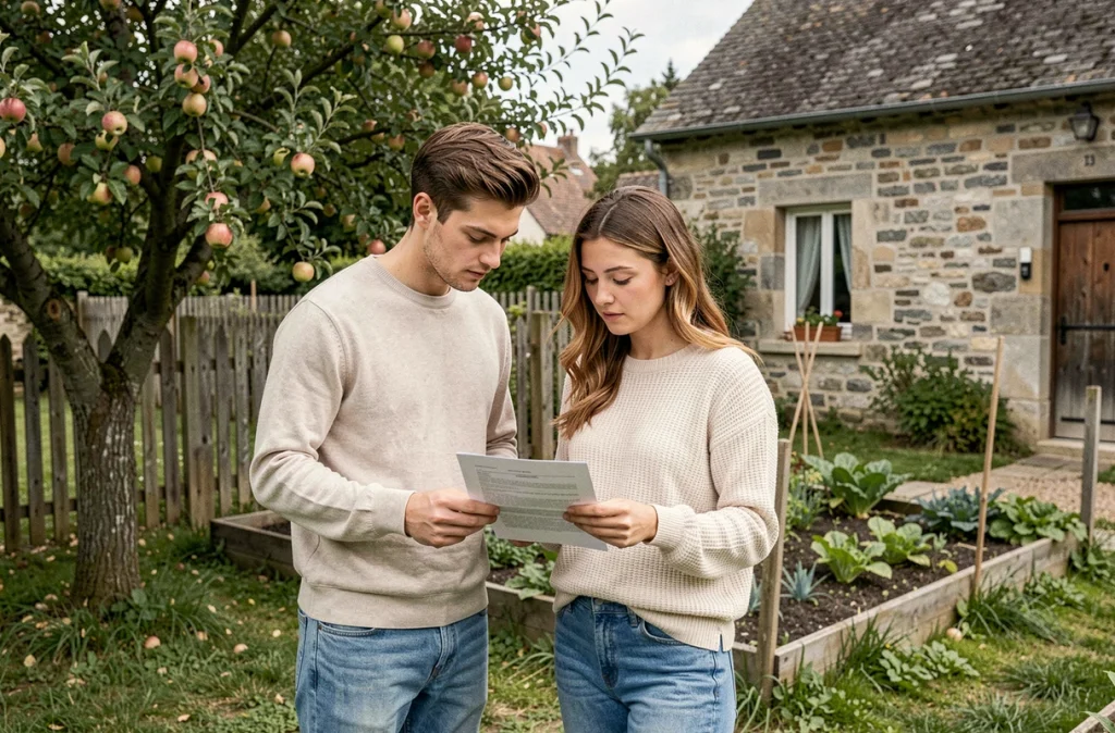 Couple visitant une petite maison avec jardin à louer pour petit budget en Saône-et-Loire