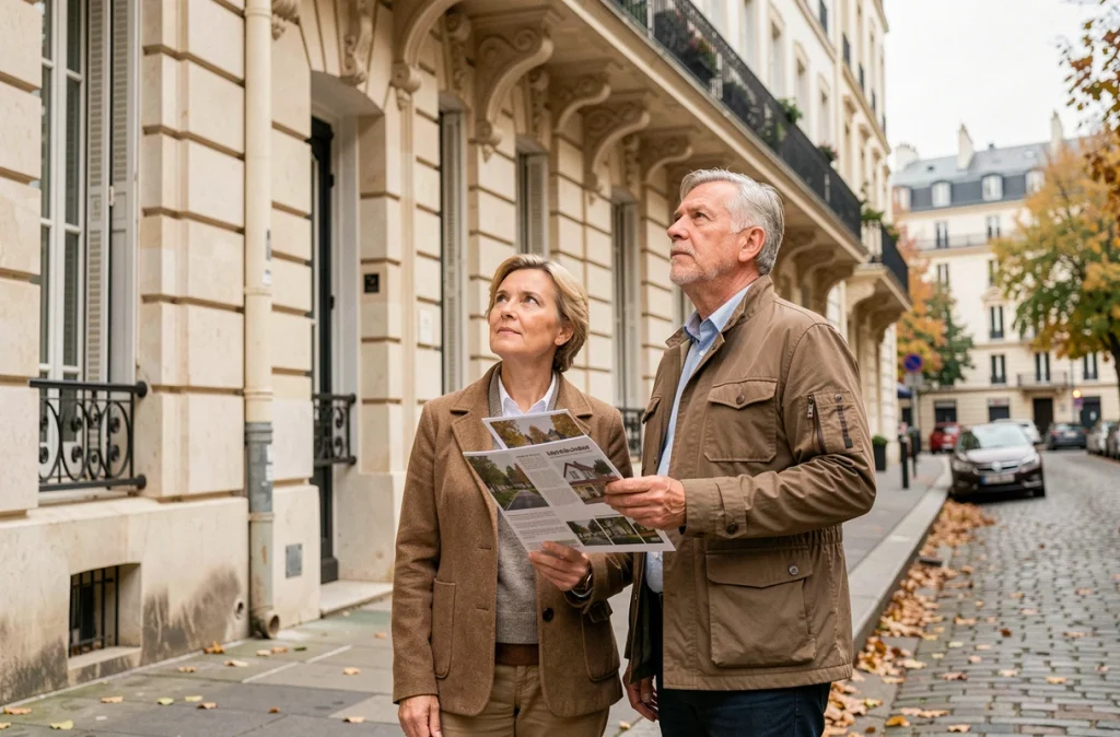 Couple évaluant un immeuble haussmannien pour un investissement en nue-propriété à Paris