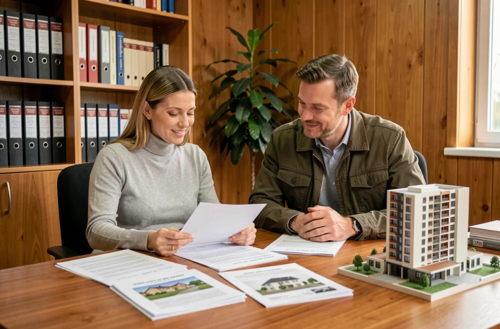 Couple en train de signer un contrat d'achat immobilier neuf dans le bureau d'un notaire, avec maquette de résidence sur la table