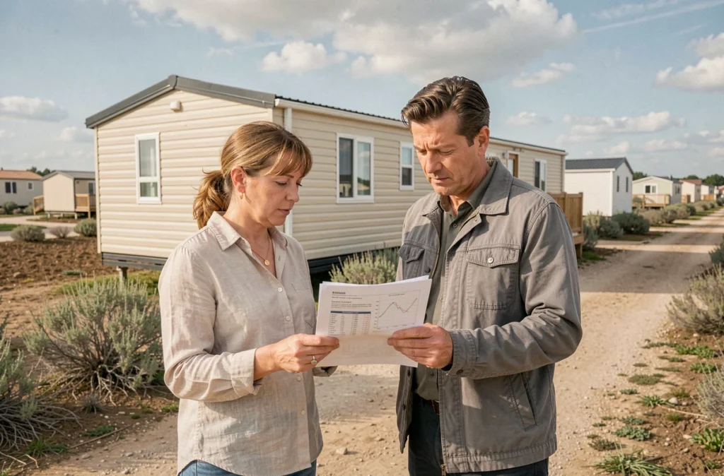 Couple examinant des documents d'estimation pour la vente d'une parcelle avec mobil home