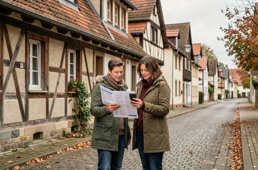 Couple devant un immeuble locatif alsacien typique comparant des annonces immobilières dans une rue du Bas-Rhin