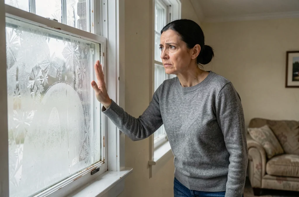 Femme constatant les déperditions de chaleur d'une ancienne fenêtre avec condensation et givre intérieur
