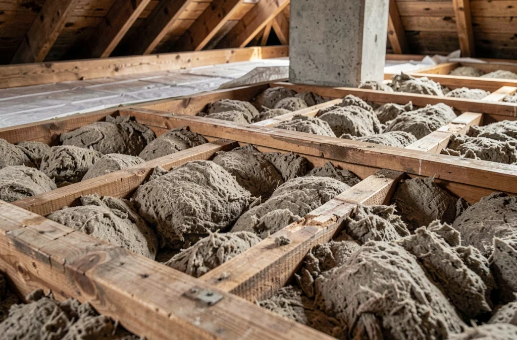 Gros plan sur une couche d'ouate de cellulose soufflée entre les solives d'un plancher de combles pour isolation thermique