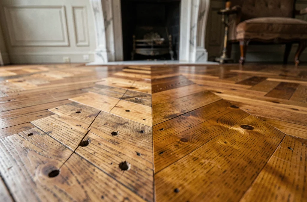 Gros plan sur un parquet en point de Hongrie ancien en cours de restauration, montrant le contraste entre bois brut et bois huilé