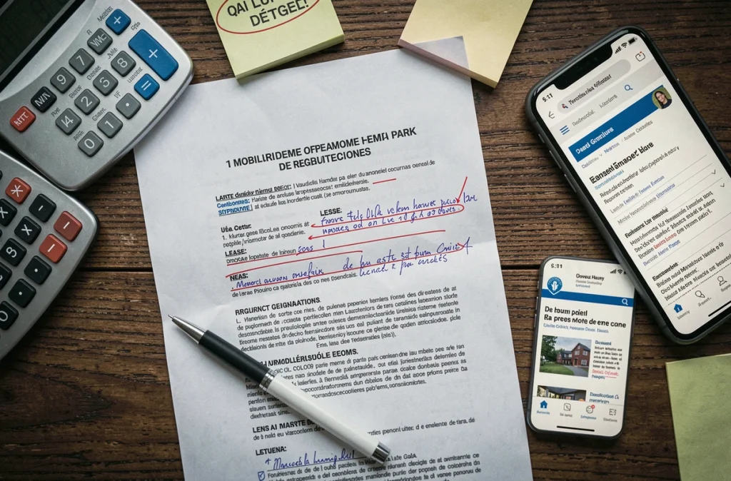 Documents administratifs et contrat de location mobil-home avec annotations relatives aux erreurs loi ALUR