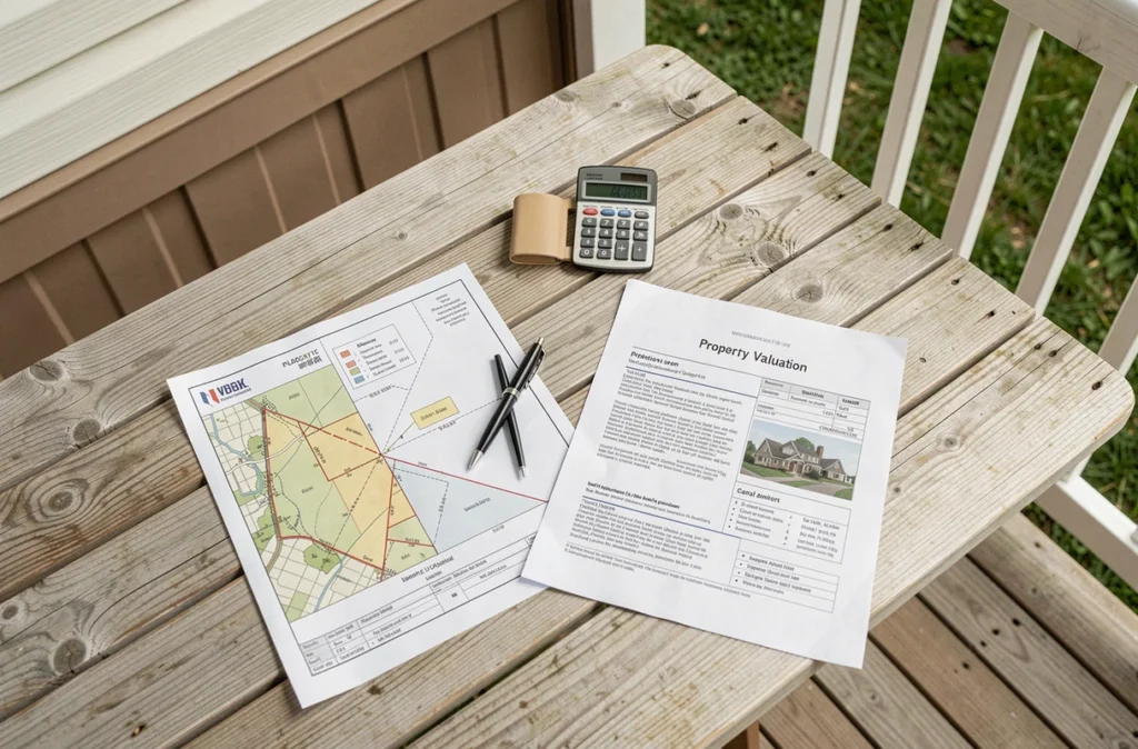 Documents d'estimation de prix et plan de parcelle posés sur une terrasse de mobil home