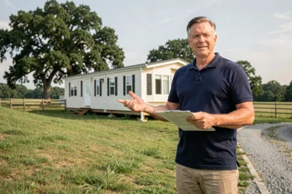Agent immobilier estimant la valeur d'une parcelle de terrain avec mobil home en milieu rural