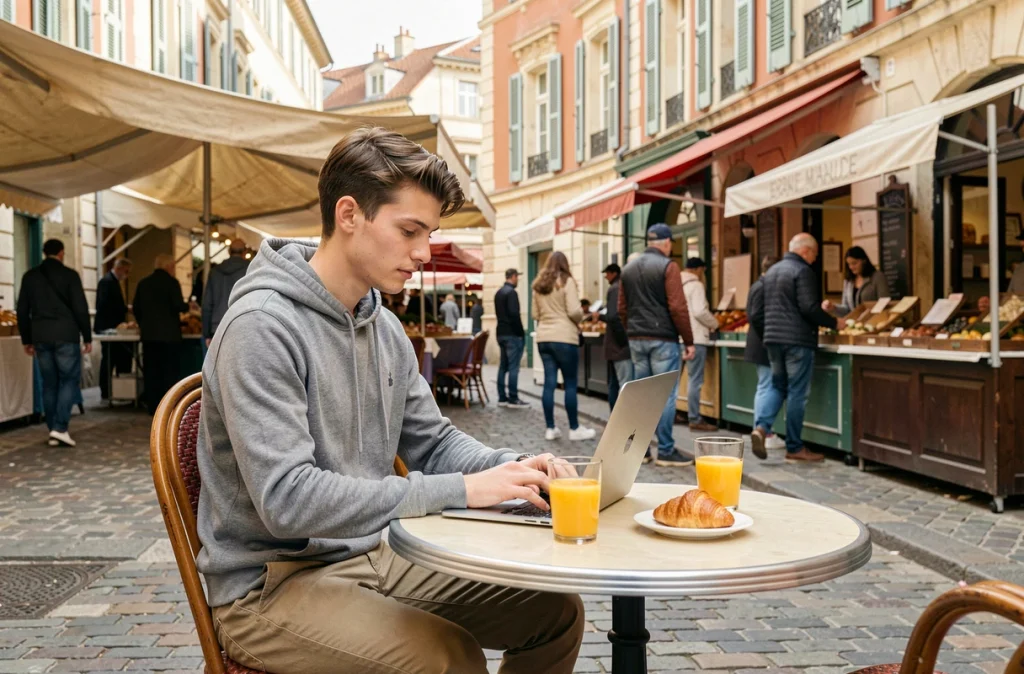 Étudiant en terrasse de café près du marché Notre-Dame de Versailles avec son ordinateur portable