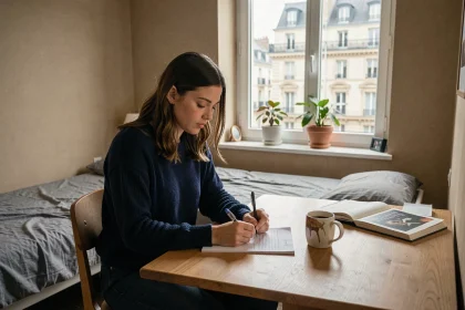 Étudiante travaillant dans sa résidence estudiantine à Versailles avec vue sur les toits haussmanniens