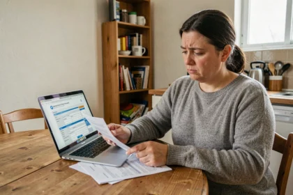 Femme consultant des documents d'aide au logement sur un ordinateur portable à une table de cuisine après un changement de situation