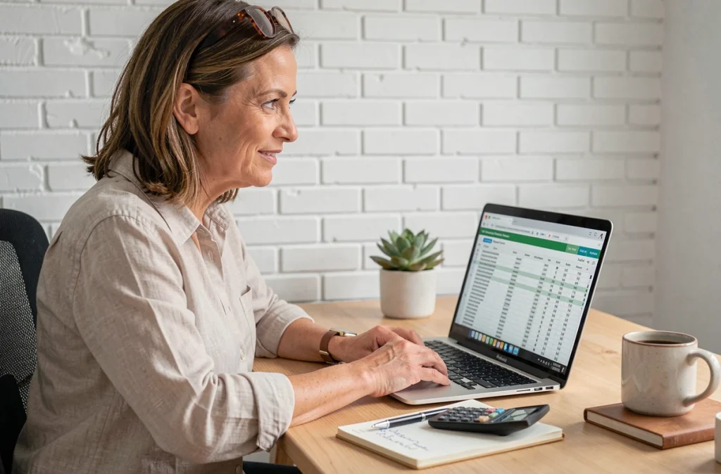 Femme calculant la rentabilité d'un investissement en nue-propriété depuis son bureau à domicile