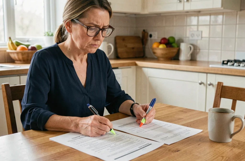 Femme comparant des contrats de location pour détecter une arnaque immobilière