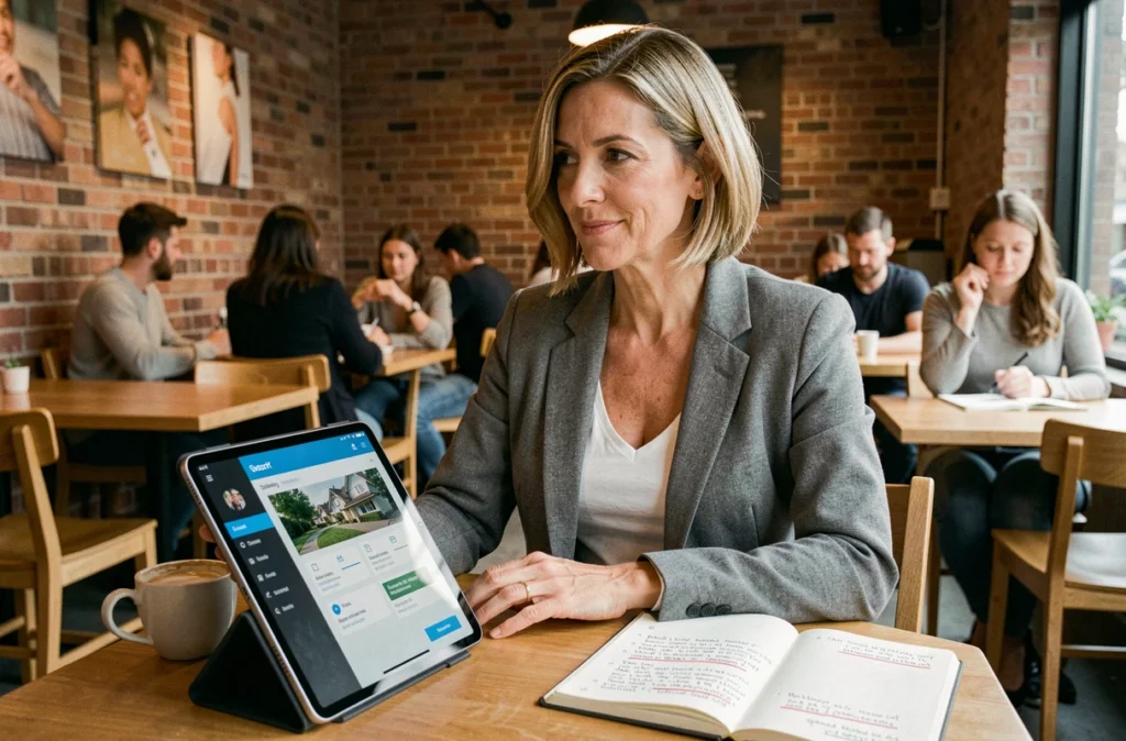 Femme prenant des notes sur les critères d'une formation immobilière en ligne dans un café urbain