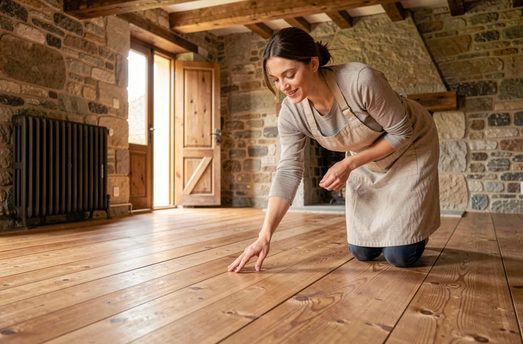 Femme inspectant un parquet ancien en pin restauré dans une maison de campagne française aux murs en pierre