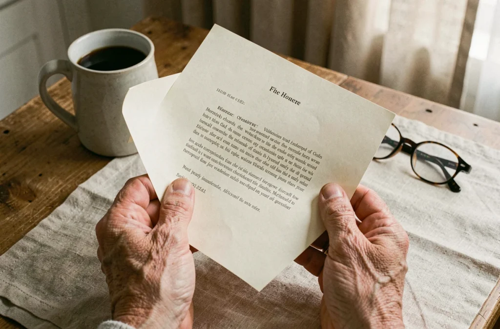 Gros plan de mains tenant une lettre officielle de préavis de retraite posée sur une table en bois