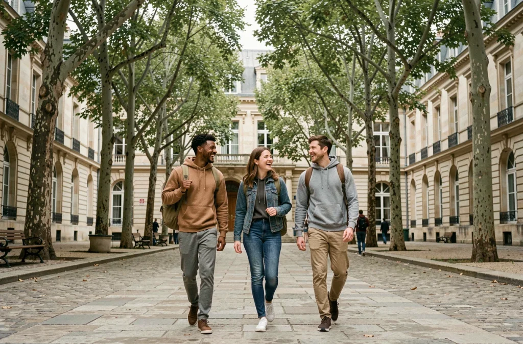 Groupe d'étudiants traversant le campus universitaire de Versailles en journée