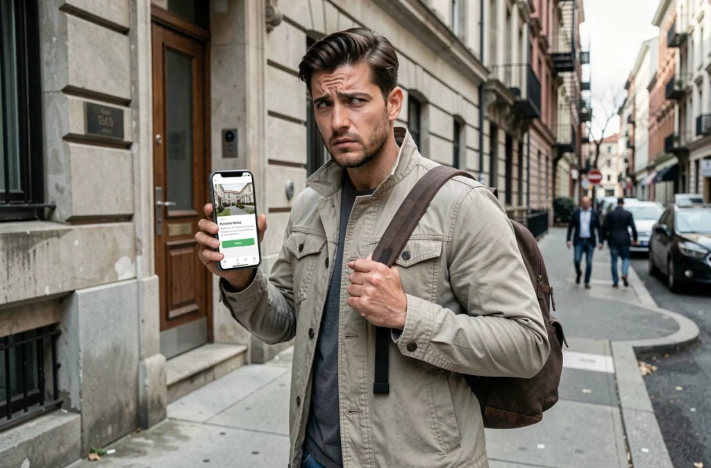 Homme devant un immeuble tenant un smartphone avec une annonce de location frauduleuse ne correspondant pas au bâtiment réel