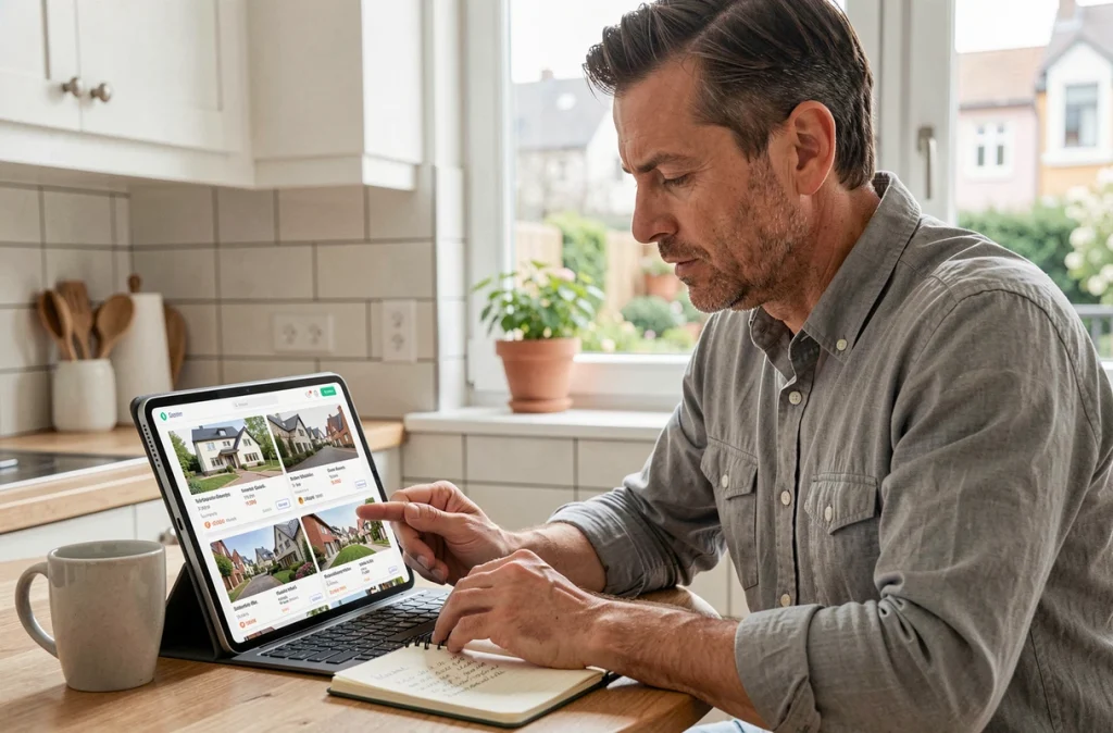 Homme comparant des annonces de location immobilière sur une tablette dans une cuisine moderne de banlieue strasbourgeoise
