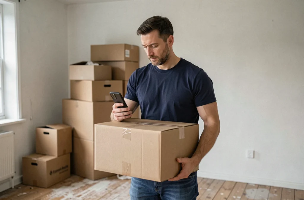 Homme tenant un carton de déménagement dans un appartement vide en consultant son téléphone pour des informations sur l'aide au logement