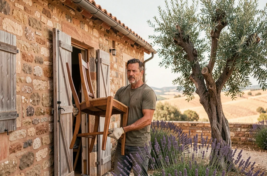 Homme déchargeant des meubles dans un mas provençal en pierre entouré de lavande et d'oliviers lors d'un déménagement dans le sud