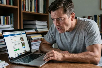 Homme inquiet vérifiant une annonce immobilière suspecte sur un site de location en ligne