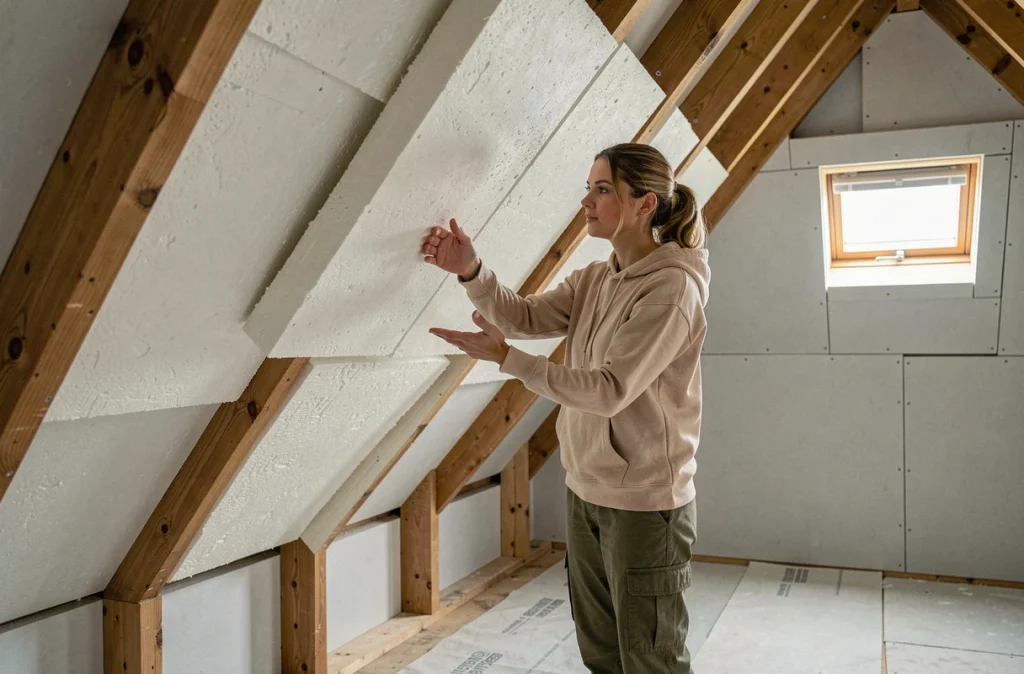 Propriétaire inspectant l'isolation thermique par panneaux rigides dans des combles aménagés en cours de rénovation