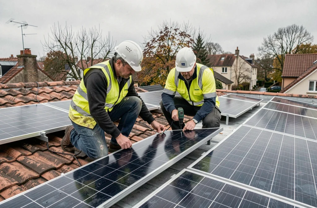 Techniciens posant des panneaux solaires photovoltaïques sur le toit d'une maison individuelle dans le cadre d'une rénovation énergétique éligible aux aides fiscales