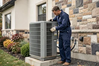 Technicien installant une pompe à chaleur extérieure lors de la rénovation d'une maison en pierre