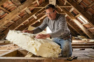 Artisan posant des rouleaux de laine minérale dans les combles d'une maison pour améliorer l'isolation thermique