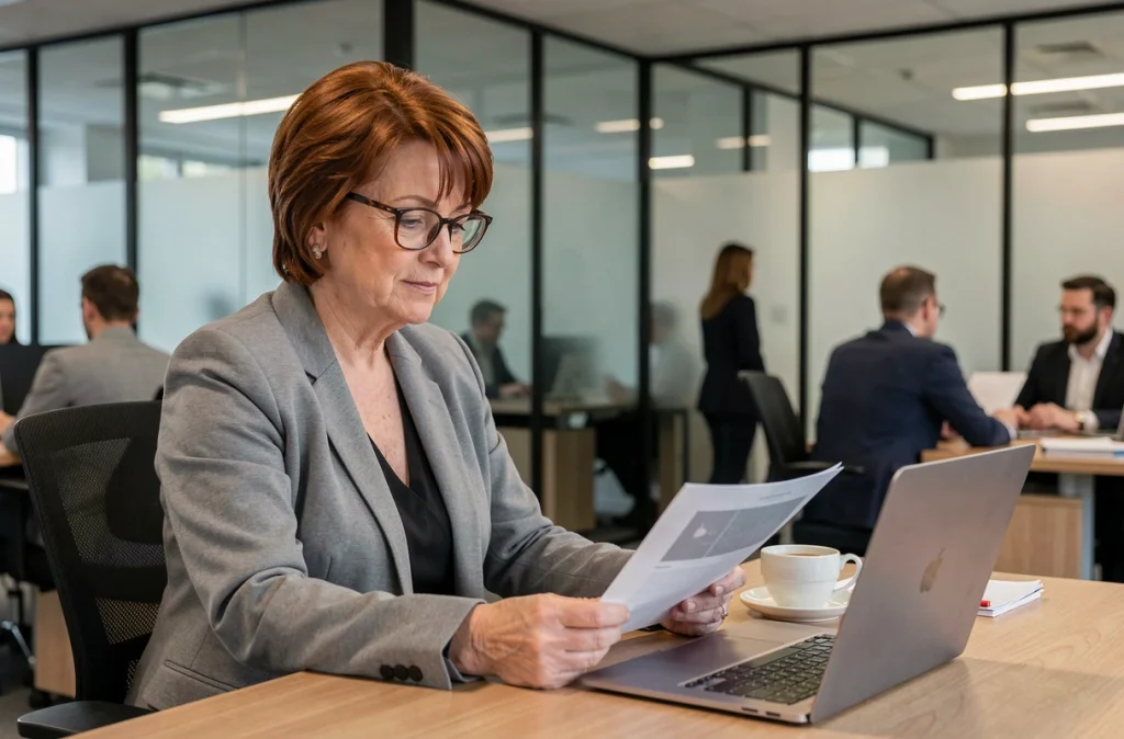 Femme cadre relisant une lettre de démission pour raisons de santé dans un bureau professionnel