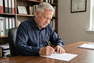 Homme senior rédigeant une lettre de préavis de départ à la retraite à son bureau à domicile