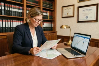Notaire examinant une carte géorisque ERRIAL sur ordinateur portable et documents imprimés dans un bureau professionnel