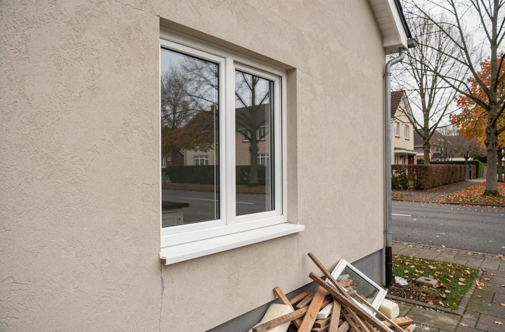 Nouvelle fenêtre double vitrage en PVC installée sur facade de maison pour améliorer l'isolation thermique