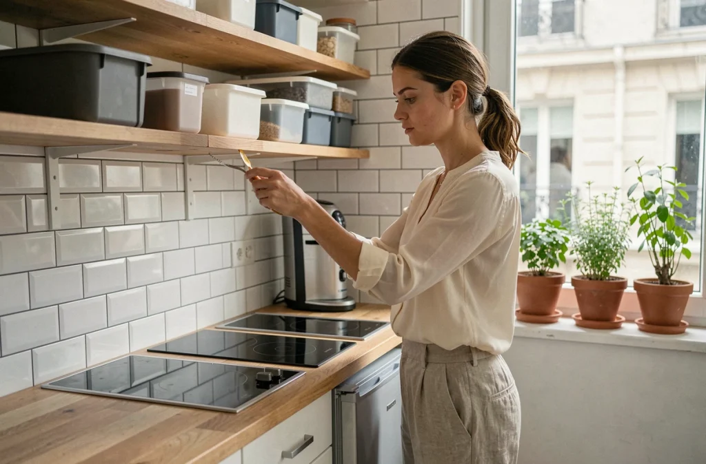 Jeune femme organisant le rangement modulaire dans une petite cuisine parisienne optimisée